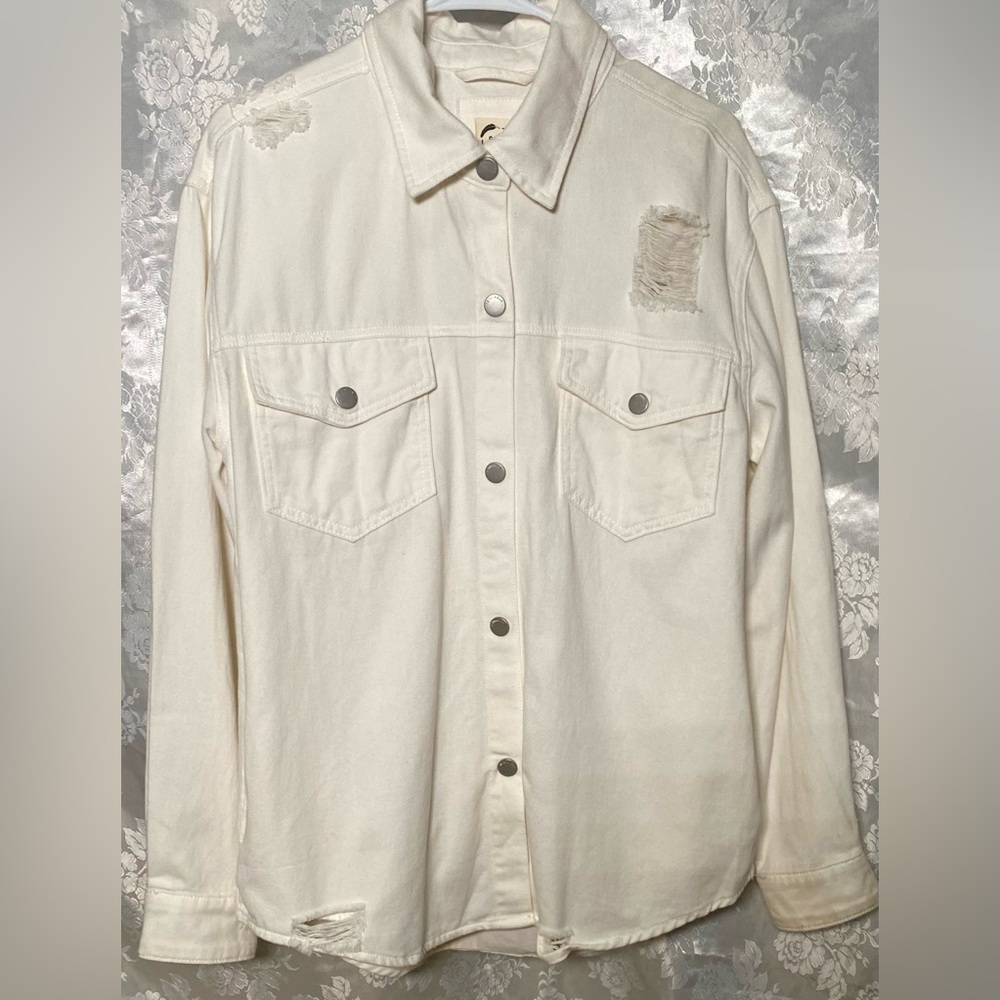 Distressed Off White Stoosh Vintage Denim Jacket  Medium  40”C  26”L